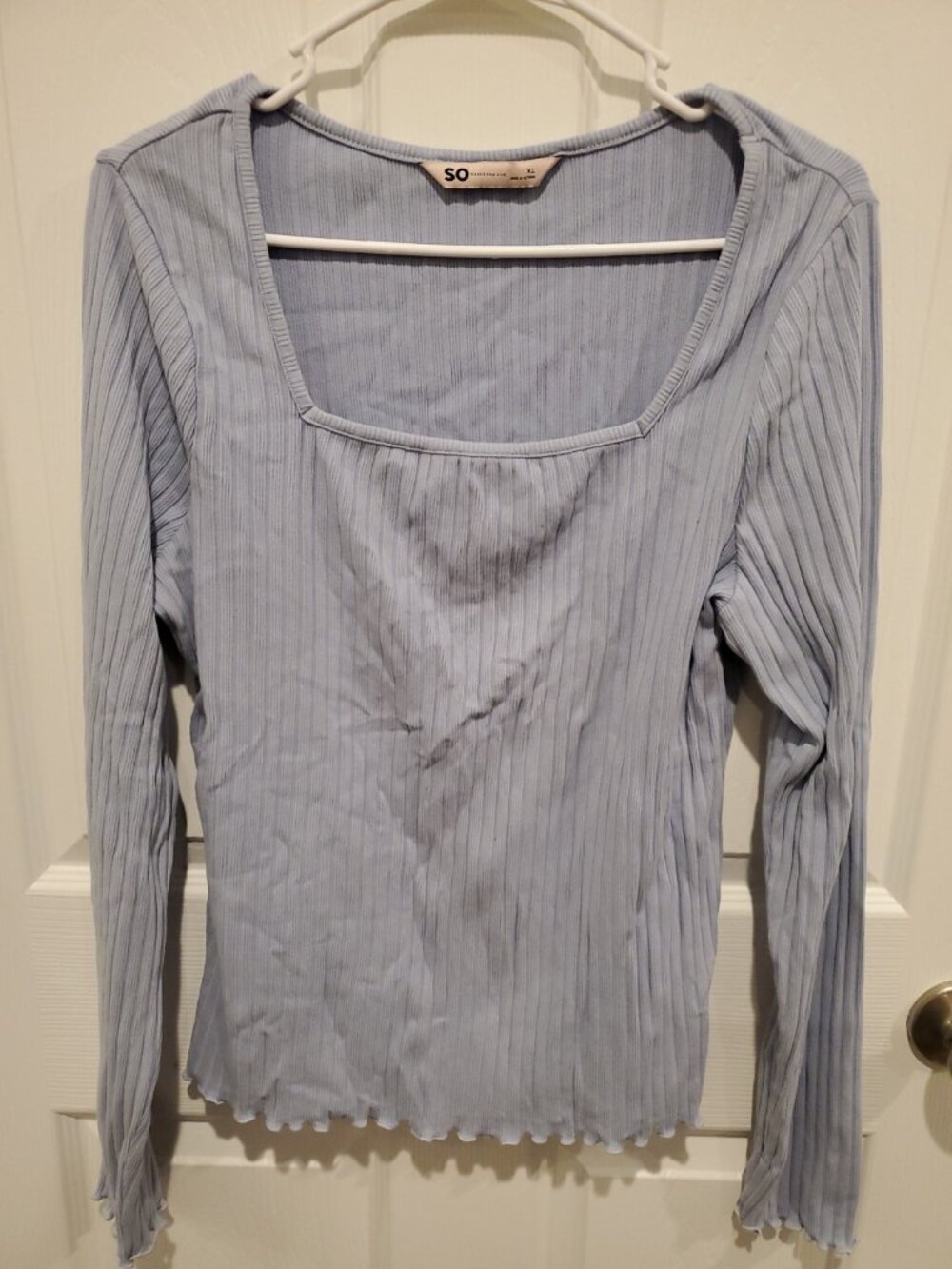SO Women’s XL Blue Ribbed Knit Stretch Square Neck Long Sleeve Top